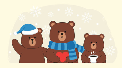 Adorable cartoon illustration of a loving bear family in winter clothes enjoying the snow, celebrating Christmas with a heart and a hot drink.
