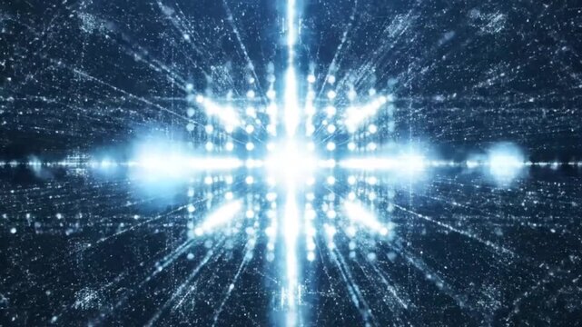 futuristic data universe composed of luminous white particles and linear connections forming intricate network grid immersive deep blue cinematic space slow forward camera motion entering glowing node