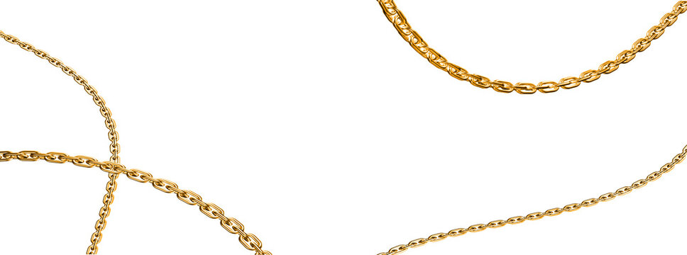Shiny golden chains hanging down and interlacing over transparent background