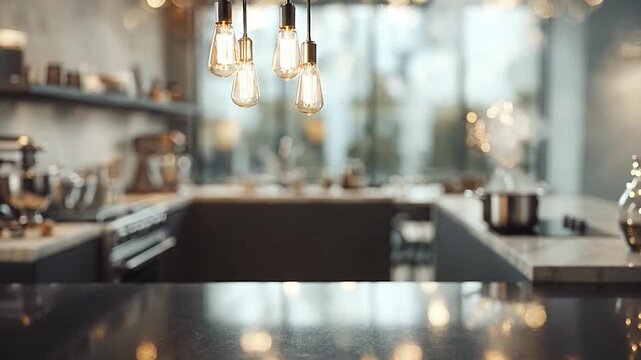 Modern kitchen interior with elegant hanging light bulbs and blurred background