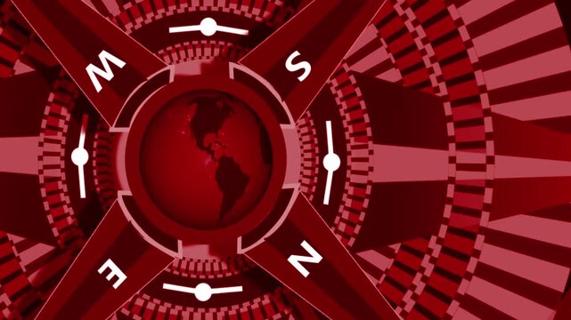 Compass globe with striped rings animation, Stylized compass with globe center and rotating striped rings, abstract modern design