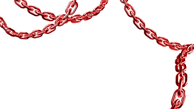 Hanging red metallic chains with glossy links on transparent ground