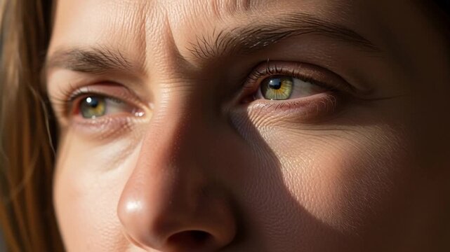 A woman's face shows concern with her eyes and nose visible in a close-up view.