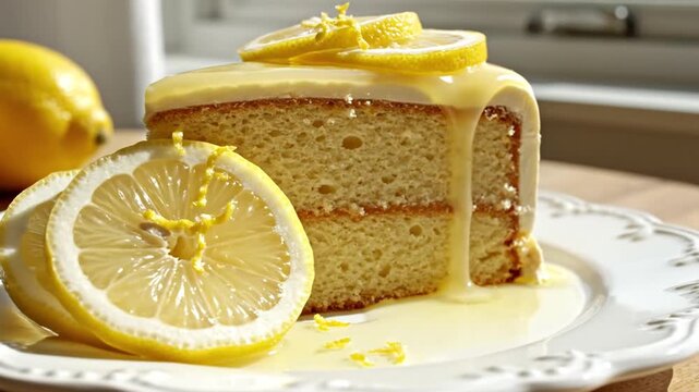 Delicious lemon cake slice with glaze and fresh lemons on plate
