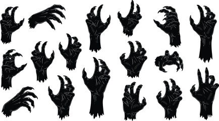 Cad drawing flat vector illustration, set of black zombie hands silhouettes, scary monster reaching claws for Halloween horror design and spooky posters.