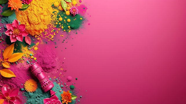 Holi festival colorful powder flowers and traditional pichkari side border on pink background right large copy space for spring party invitation.