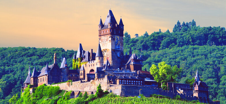 Cochem Castle (Reichsburg Cochem) in the Moselle Valley. The Rhine valley is one of the most beautiful parts of Germany.	
