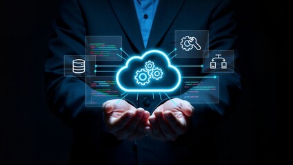 Fototapeta premium Business professional controlling cloud computing technology with futuristic digital interface and cybersecurity icons in dark blue neon lighting