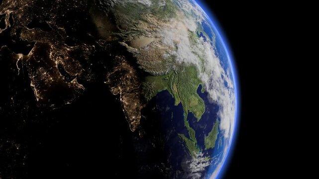 3D Animation showing India from space during the transition from day to night
