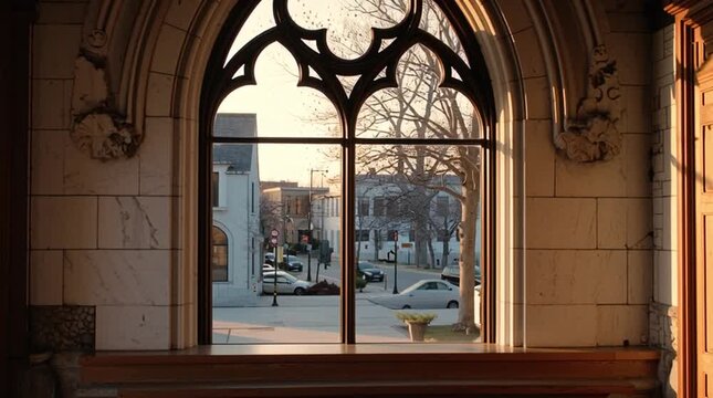 View through a window from a sacred interior toward an ordinary street, symbolizing the boundary between spiritual space and everyday life, capturing contrast between contemplation and the outside wor