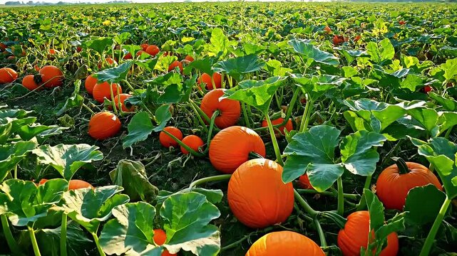 Bright orange pumpkins growing on sprawling vines in a vast sunny field