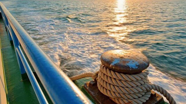 Rope Secured to Boat Bollard at Sunset on Calm Sea, Maritime Stability and Security Concept