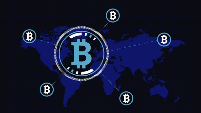 Global payment transfer map animation featuring dynamic light beams connecting major cities across a dark world map. Represents instant cross-border digital payments, fintech blockchain