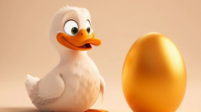 Cartoon duck character looking at a large golden egg symbolizing riches wealth and prosperity in a bright studio