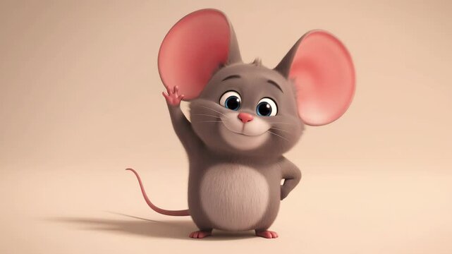 Cheerful cartoon mouse waving with pink ears and blue eyes on cream background animation ready