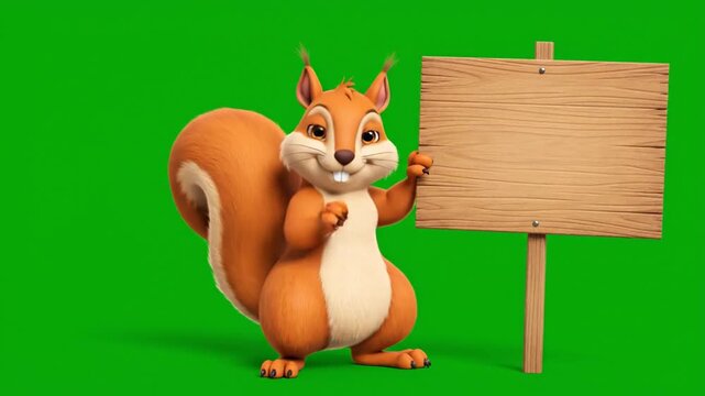 A friendly cartoon squirrel, with orange fur and a fluffy tail, stands beside a wooden sign against a bright green background. The squirrel appears to be smiling and inviting