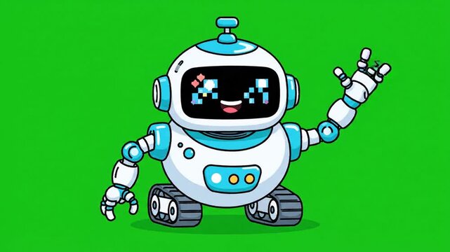 A friendly, cartoon-style robot with a round body, blue and white accents, and a happy face on a green background. The robot raises a hand
