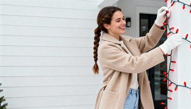 Smiling woman hanging red Christmas lights on a white house pillar. Festive holiday home decoration concept. Female in beige coat and white gloves with copy space for text