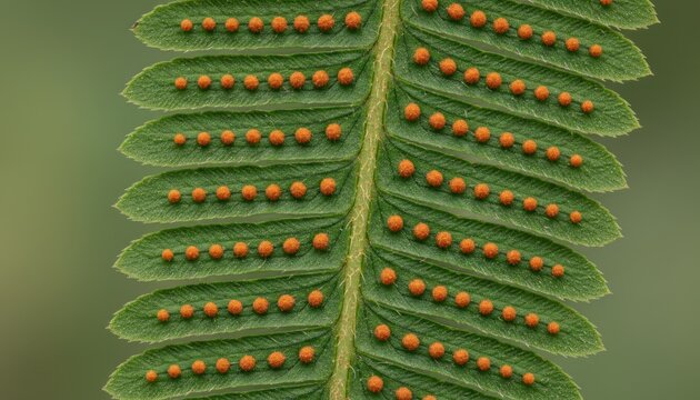 Underside of a green fern frond with orange spores visible, showcasing natural details, from a close-up, top-down view in a blurred background