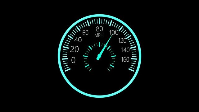 Car speedometer at high speed animation, Circular car speedometer showing about 160 mph animated