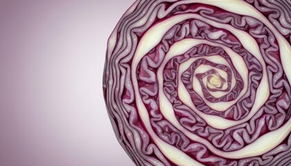 Fototapeta premium A halved red cabbage showcasing its intricate layers and vibrant colors in a detailed close-up view