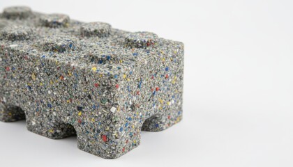 Fototapeta premium A close-up view of a grey concrete Lego brick with multicolored speckles, showcasing its textured surface and modular design on a plain surface.