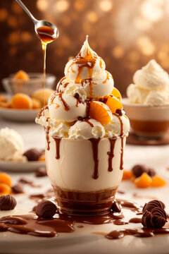 Cream icecream with mapple syrup and chocolate, realistic render  smoke,  dramatic lighting and cinematic lighting.