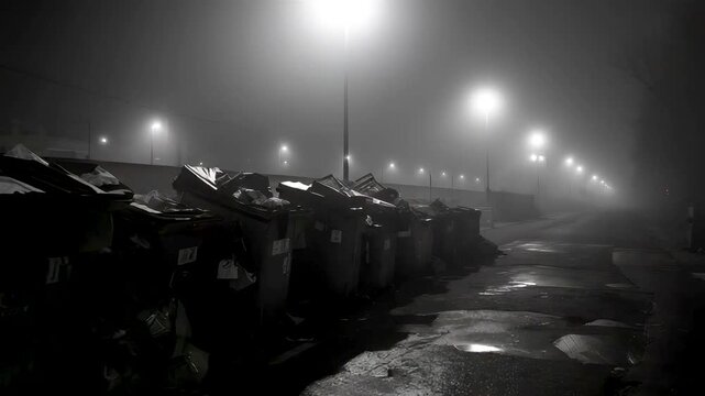 Eerie foggy night street with rows glowing street lamps overflowing trash bins garbage piles wet pavement misty urban decay abandoned atmosphere black white