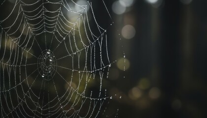 Dew drops glisten on a spider web in a forest, with sunlight filtering through trees, creating a serene atmosphere viewed from a close-up perspective.