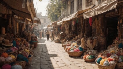 Obraz premium Vibrant marketplace scene with colorful goods and bustling atmosphere.