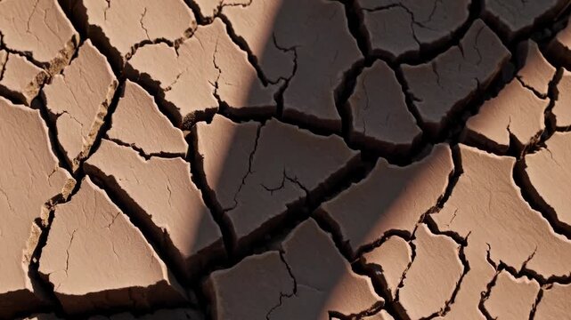 Shadow of a person on cracked dry earth surface, showing the progression of cracks and texture in the soil under bright sunlight in an arid landscape