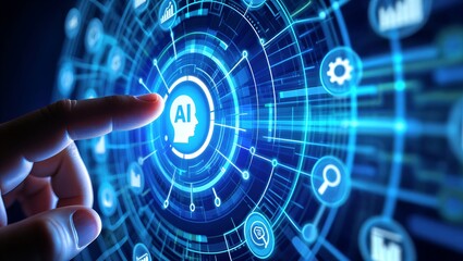 Obraz premium Human hand touching futuristic AI technology interface with glowing blue digital network and innovation icons