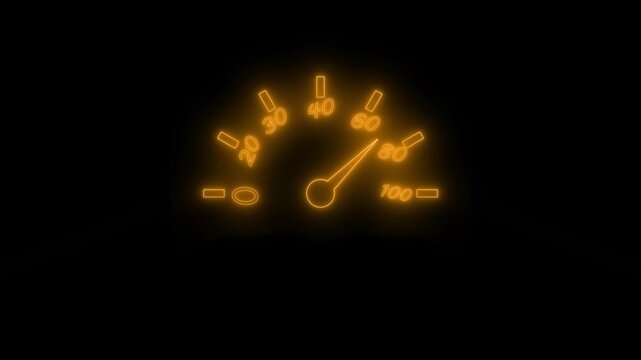 Glowing neon speedometer with numbers and needle animation on black background