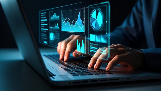 Business professional analyzing stock market charts on laptop with financial data and trading graphs in dark blue tech environment