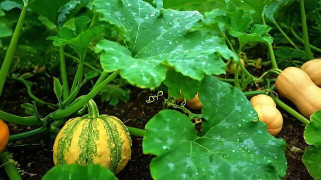 Various types of squash growing on long vines in a well-maintained garden patch