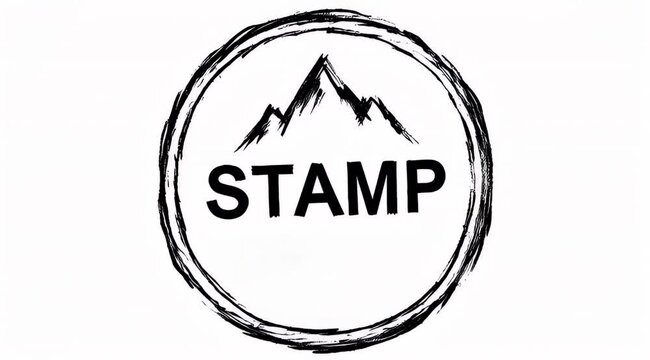 Black and White Stamp Logo Design Featuring Mountain Peaks and Circular Border