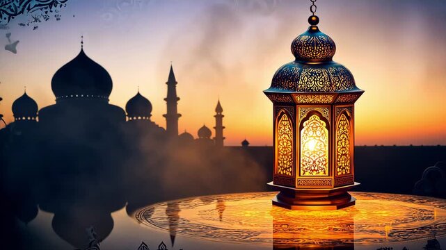 A lantern glows on a table as the sun sets, showing the outlines of buildings in the background
