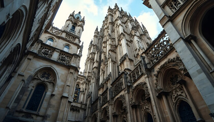 Obraz premium Gothic Cathedral Architectural Detail Tall Stone Facade Spires and Ornate Carvings