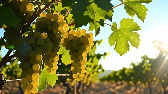 Ripe white grapes on vine in sunny vineyard at golden hour