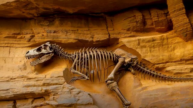 Dinosaur skeleton fossil mounted on rocky canyon wall prehistoric reptile bones T-Rex theropod display natural history museum exhibit dramatic desert setting