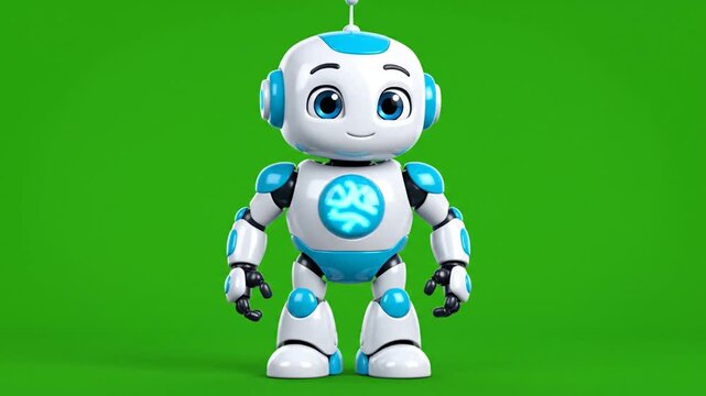 A friendly robot character, white and blue, with a smiling face. It has a glowing chest piece and is set against a solid green background