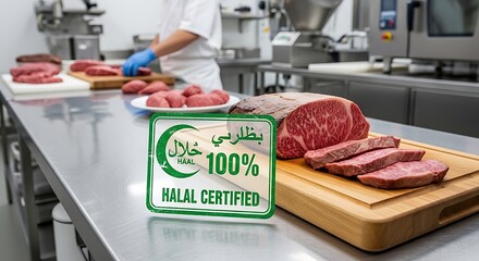 A large raw beef cut with a halal certified logo on a wooden cutting board in a professional butcher shop environment.