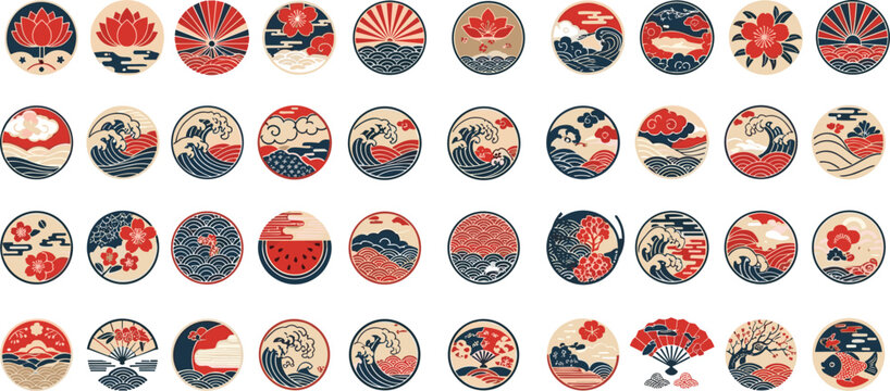 Set of Japanese style circular icons with wave sun blossom lotus fan and mountain elements for oriental traditional design patterns