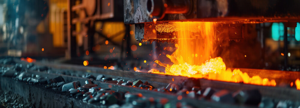 Industrial Forge: A close-up captures the raw power of industry, as molten metal is forged under intense heat, illuminating the scene with a fiery glow, showcasing the industrial process.