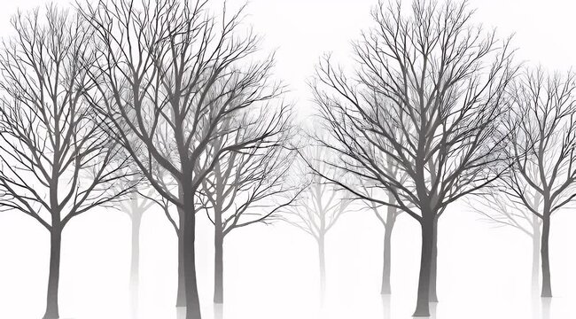 Serene monochromatic illustration of bare trees against a stark white winter background