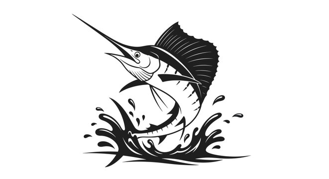 Black and White Marlin Jumping Out of Water Illustration