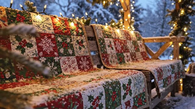 Cozy outdoor bench draped with festive quilt under warm string lights in snowy scene