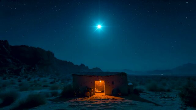 Mysterious desert adobe hut glowing warm orange light from open door under starry night sky bright turquoise star shining above rocky canyon landscape serene isolation