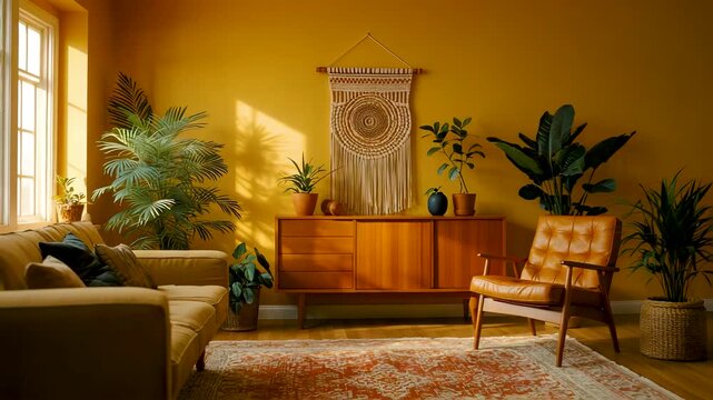 Cozy bohemian living room interior warm mustard yellow walls wooden cabinet potted plants macrame wall hanging orange armchair patterned rug sunlight streaming in relaxing space