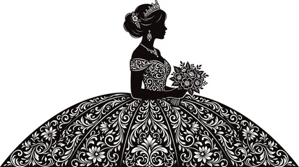 Elegant black silhouette of young African American princess in ornate ball gown holding bouquet on white background © Vector Classic 